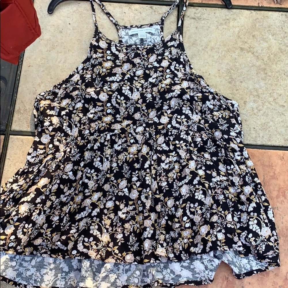 American Eagle Black Floral High Neck Tank Top